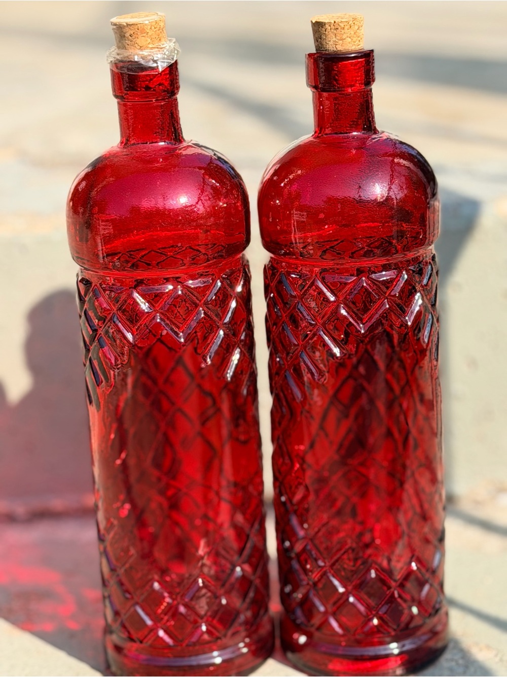 Pier 1 Red Glass Bottle Pair with Cork Tops